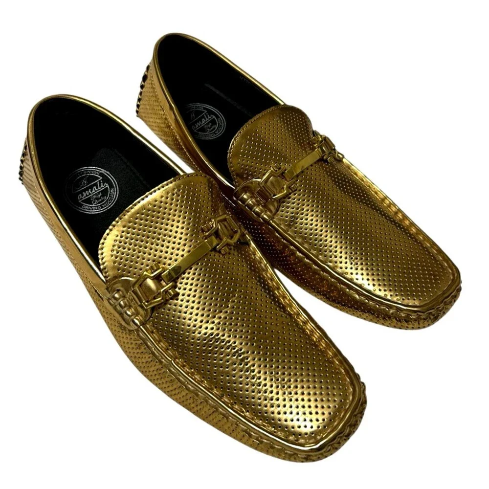 Amali Rila Mens Gold Horsebit Moccasin Loafers Driving Casual Dress Shoes  9.5